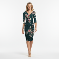 Forest Green Floral Print 40s 3/4 Sleeve Wiggle Wrap Dress