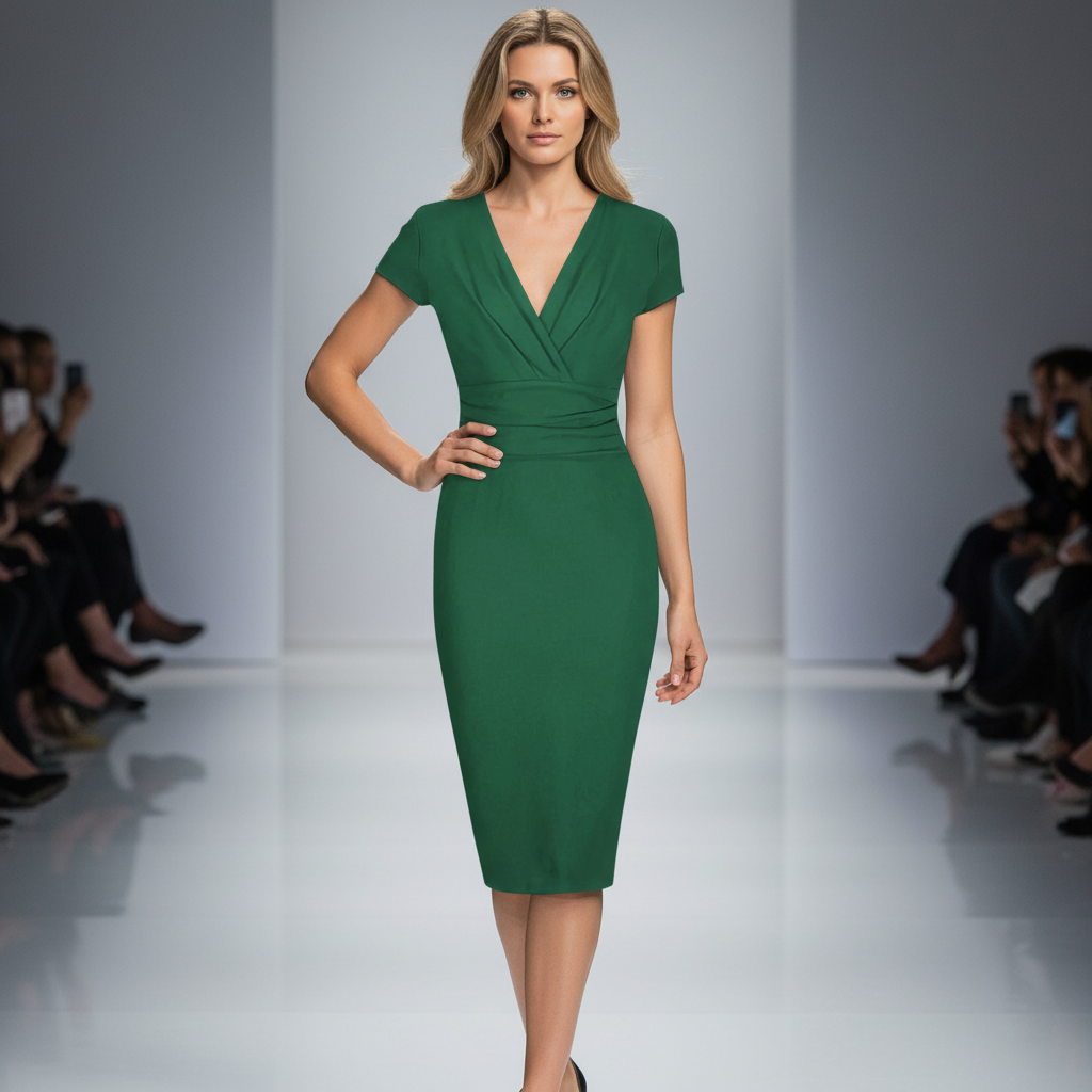 Emerald Green Deep V Neck Cap Sleeve Ruched Waist Bodycon Wiggle Dress