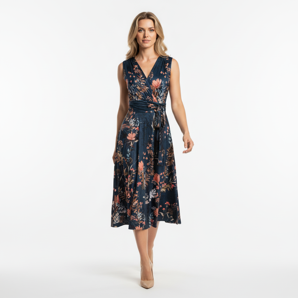 Dark Teal Floral V Neck Crossover Top Empire Waist Swing Dress