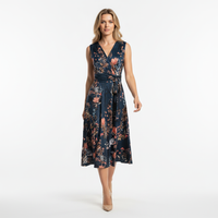 Dark Teal Floral V Neck Crossover Top Empire Waist Swing Dress
