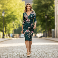 Forest Green Floral Print 40s 3/4 Sleeve Wiggle Wrap Dress