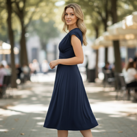 Navy Cap Sleeve Ruched Deep V Neck Dress