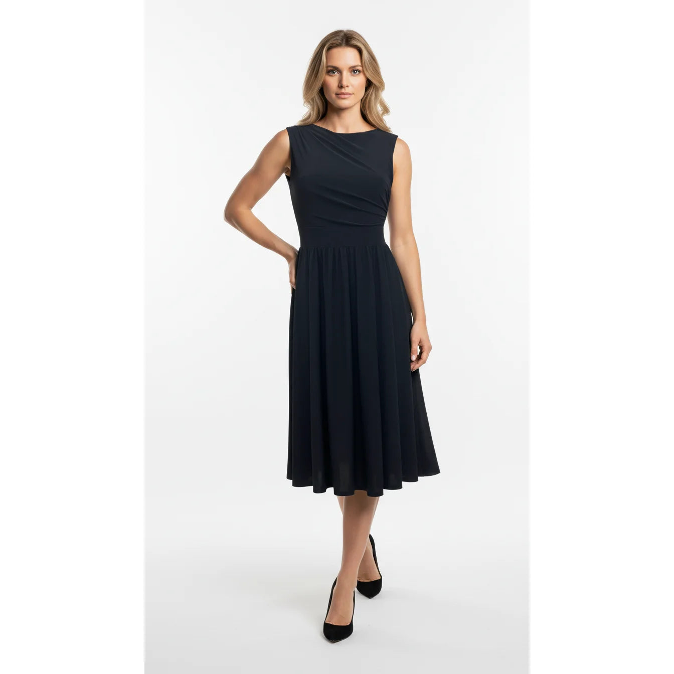 Black Sleeveless High Neck Ruched Cocktail Party Dress - ADD LENGTH