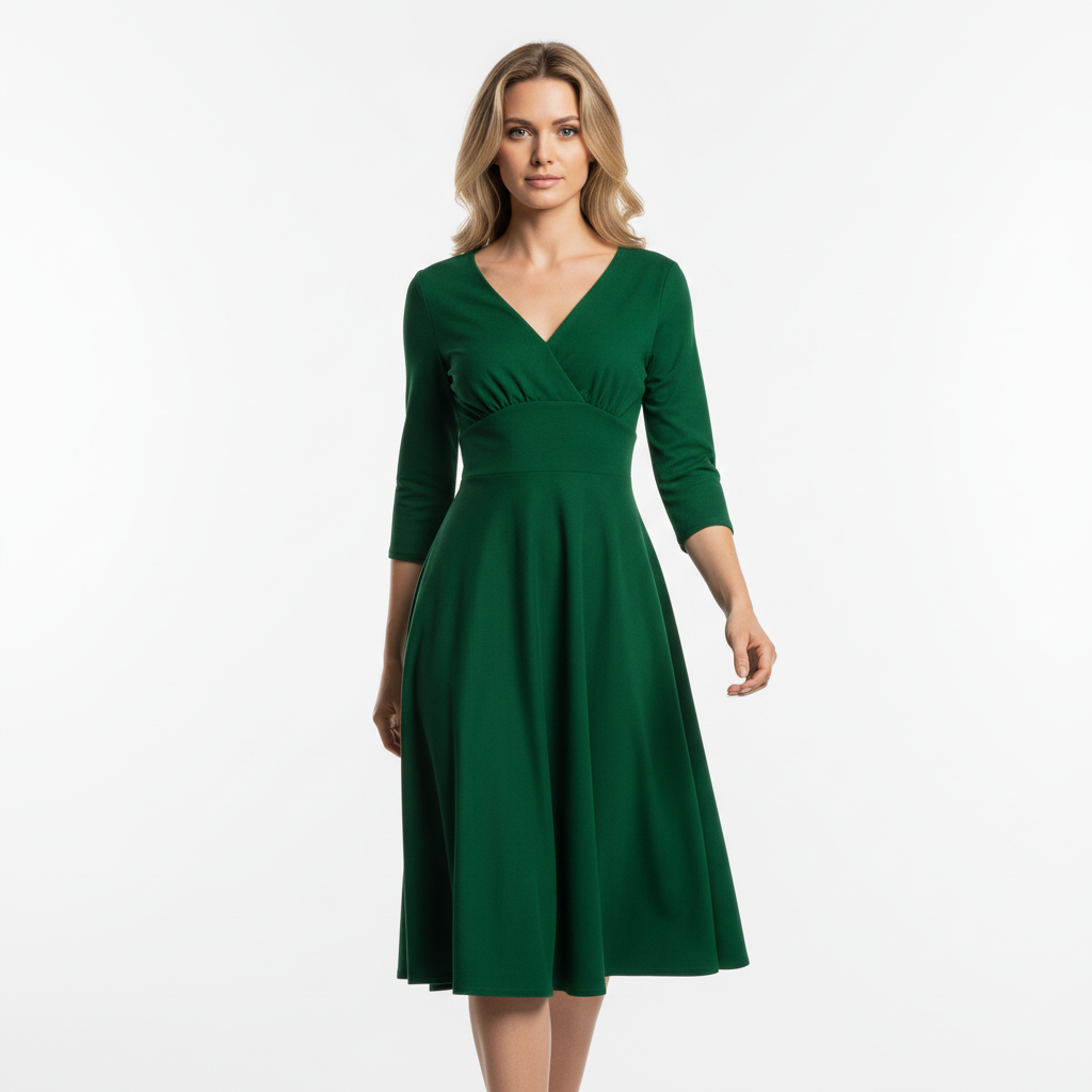 Emerald Green Vintage A Line Crossover 3/4 Sleeve Tea Swing Dress