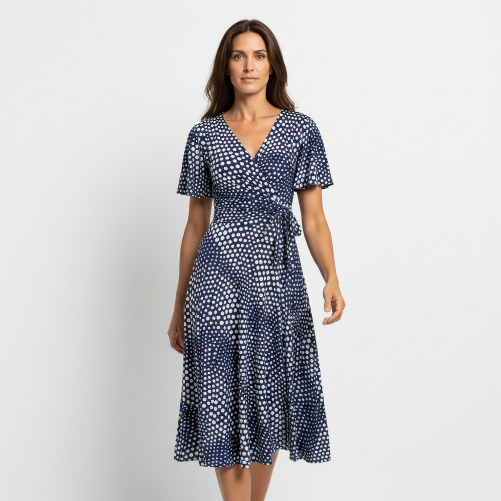 Navy Blue Off White Polka Dot Swirl Print Wrap Over Fit And Flare Swing Dress