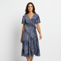 Navy Blue Off White Polka Dot Swirl Print Wrap Over Fit And Flare Swing Dress