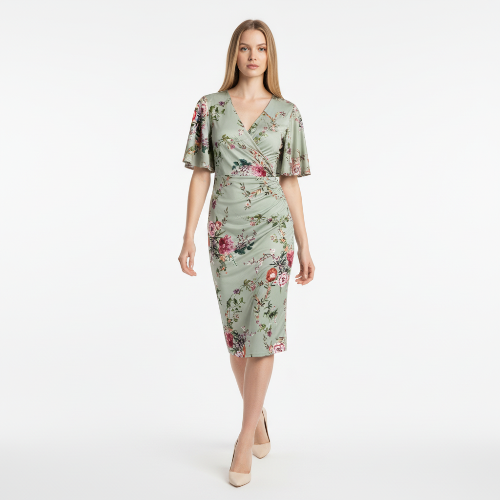 Sage Green Floral Print Butterfly Sleeve Slinky Pencil Cocktail Dress