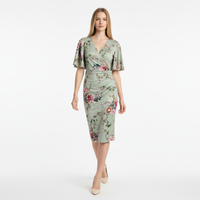 Sage Green Floral Print Butterfly Sleeve Slinky Pencil Cocktail Dress