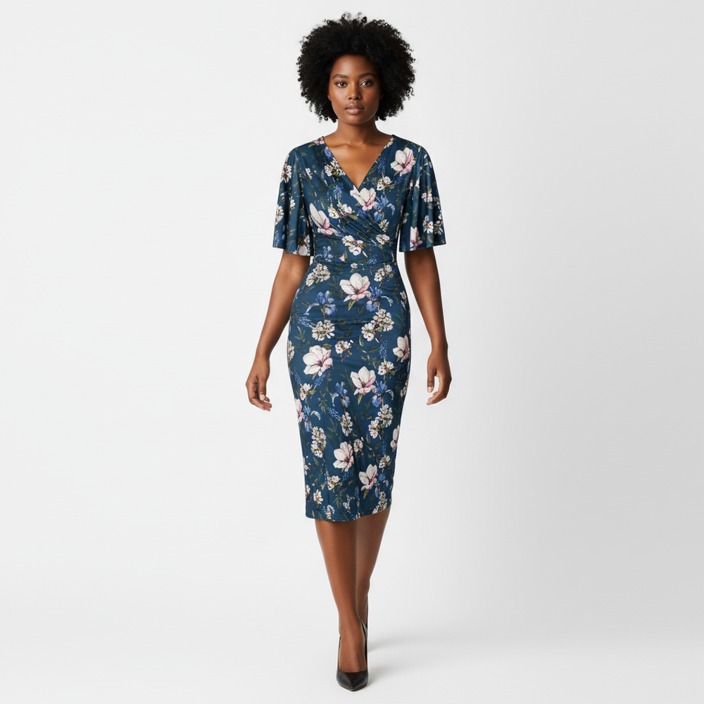 Navy Blue Floral Print Butterfly Sleeve Slinky Pencil Cocktail Dress