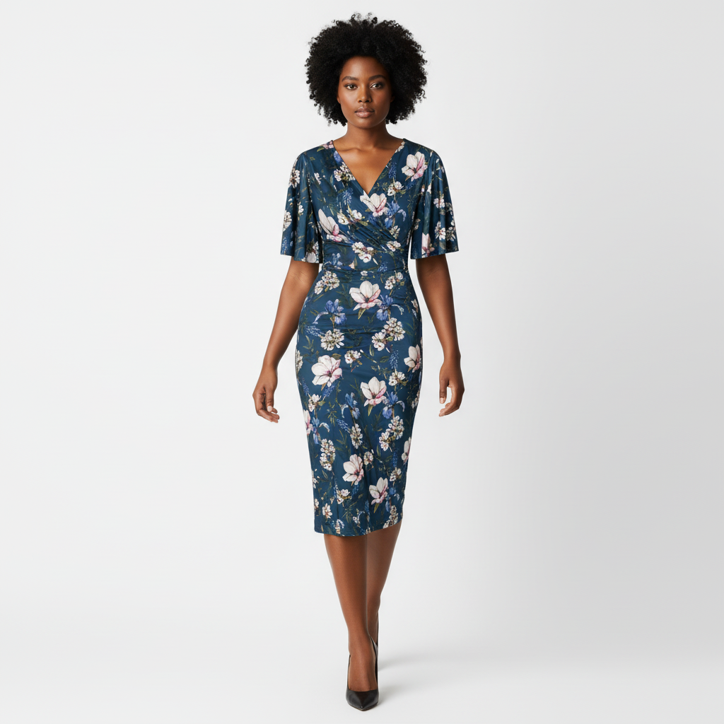 Navy Blue Floral Print Butterfly Sleeve Slinky Pencil Cocktail Dress
