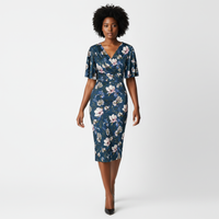 Navy Blue Floral Print Butterfly Sleeve Slinky Pencil Cocktail Dress