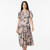 Dusky Pink Floral Print Cap Sleeve V Neck Wrap Top Swing Dress