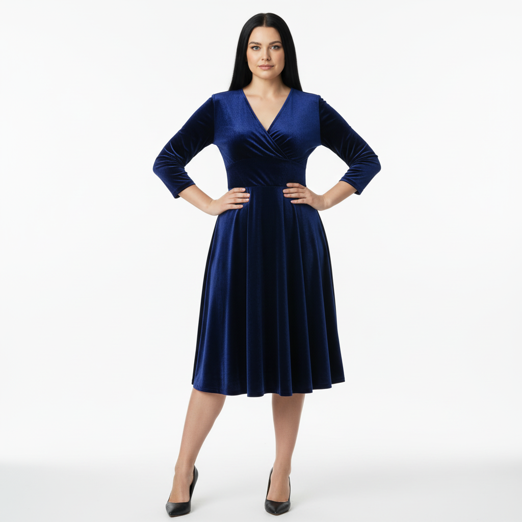 Navy Blue Velour Vintage A Line Crossover 3/4 Sleeve Tea Swing Dress