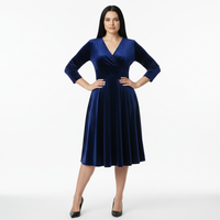 Navy Blue Velour Vintage A Line Crossover 3/4 Sleeve Tea Swing Dress