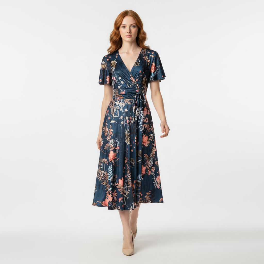 Dark Teal Green Floral Print Cap Sleeve V Neck Wrap Top Swing Dress