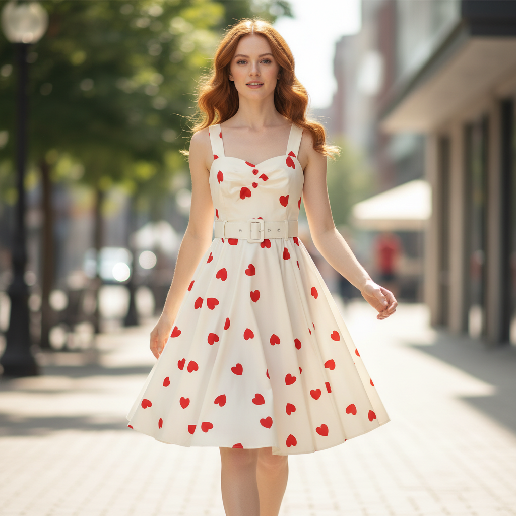 White With Red Heart Rockabilly Shoulder Strap 50s Swing Dress