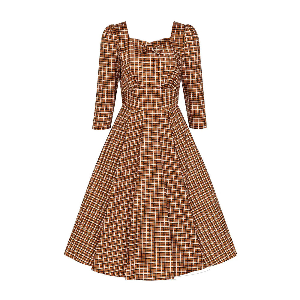 Vintage Autumnal Brown Check 3/4 Sleeve Collar Burns Swing Dress