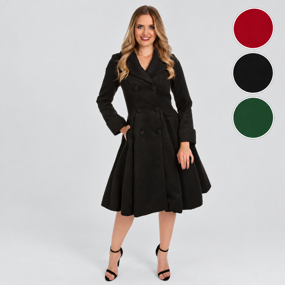 Black Vintage Inspired Classic Double Breasted Swing Coat