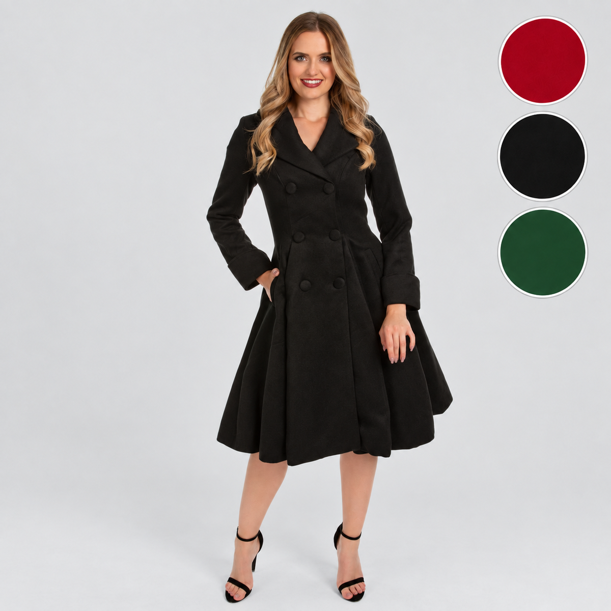 Black Vintage Inspired Classic Double Breasted Swing Coat