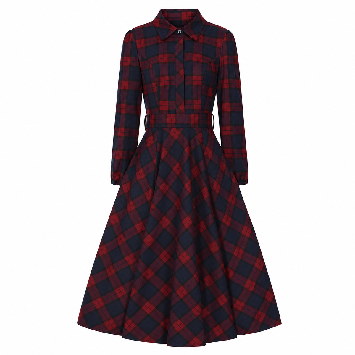 Vintage Red Blue Check Long Sleeve Collar Burns Swing Dress