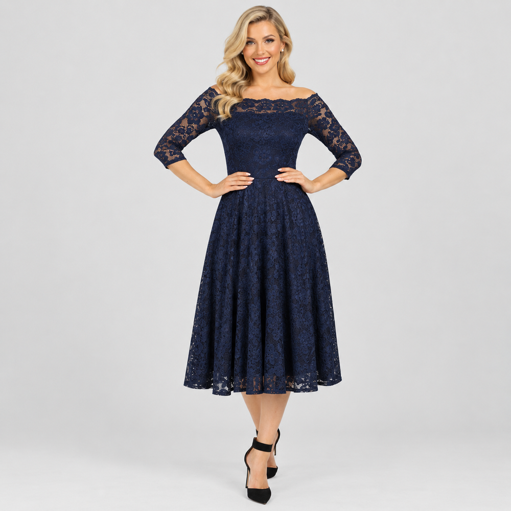 Navy Blue Lace Vintage Style Swing Dress With 3/4 Sleeves & Boat Neck