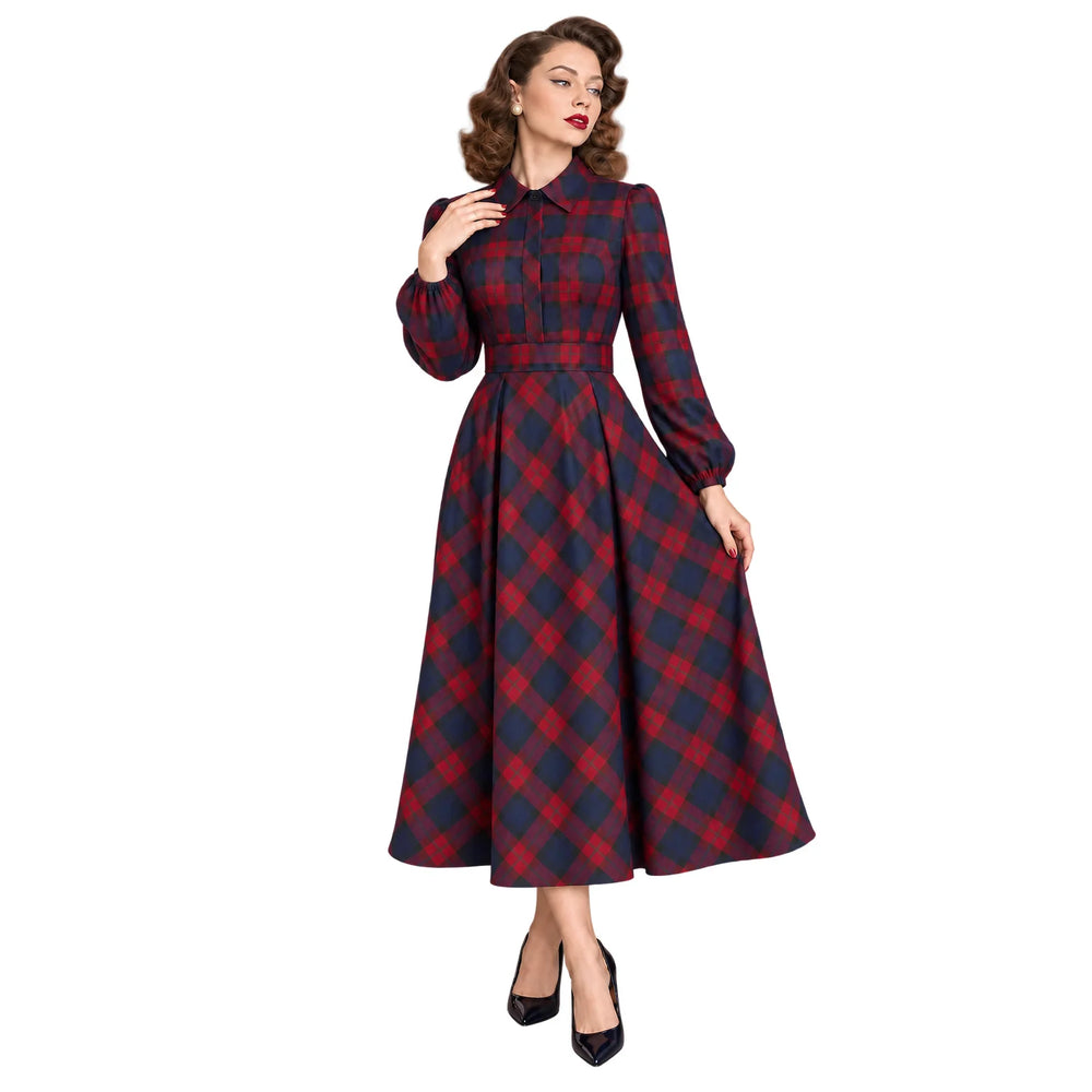 Vintage Red Blue Check Long Sleeve Collar Burns Swing Dress