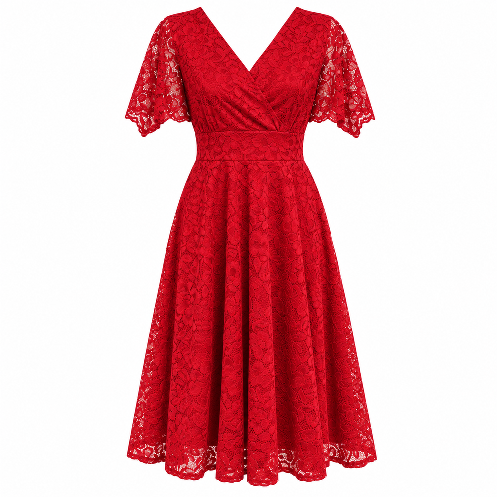 Red Rose Floral Lace Vintage Style Fit and Flare Dress