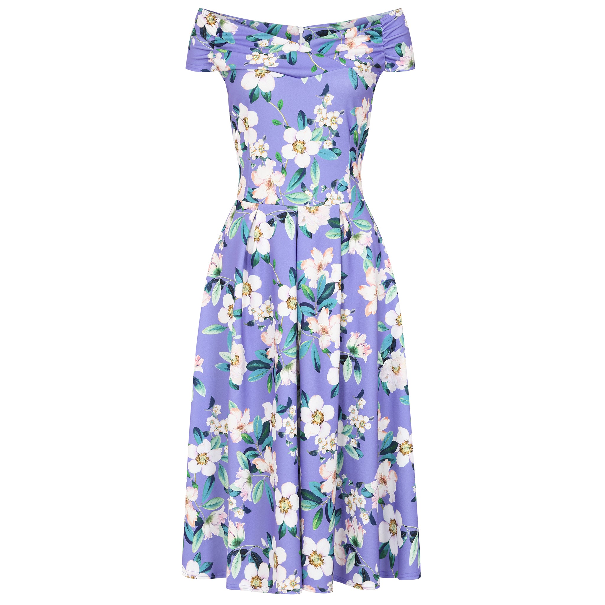 Summer Purple Floral Cap Sleeve Bardot Style 50s Swing Dress - Pretty Kitty Fashion