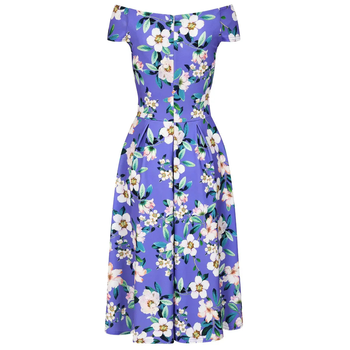 Summer Purple Floral Cap Sleeve Bardot Style 50s Swing Dress - Pretty Kitty Fashion