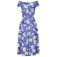 Summer Purple Floral Cap Sleeve Bardot Style 50s Swing Dress - Pretty Kitty Fashion