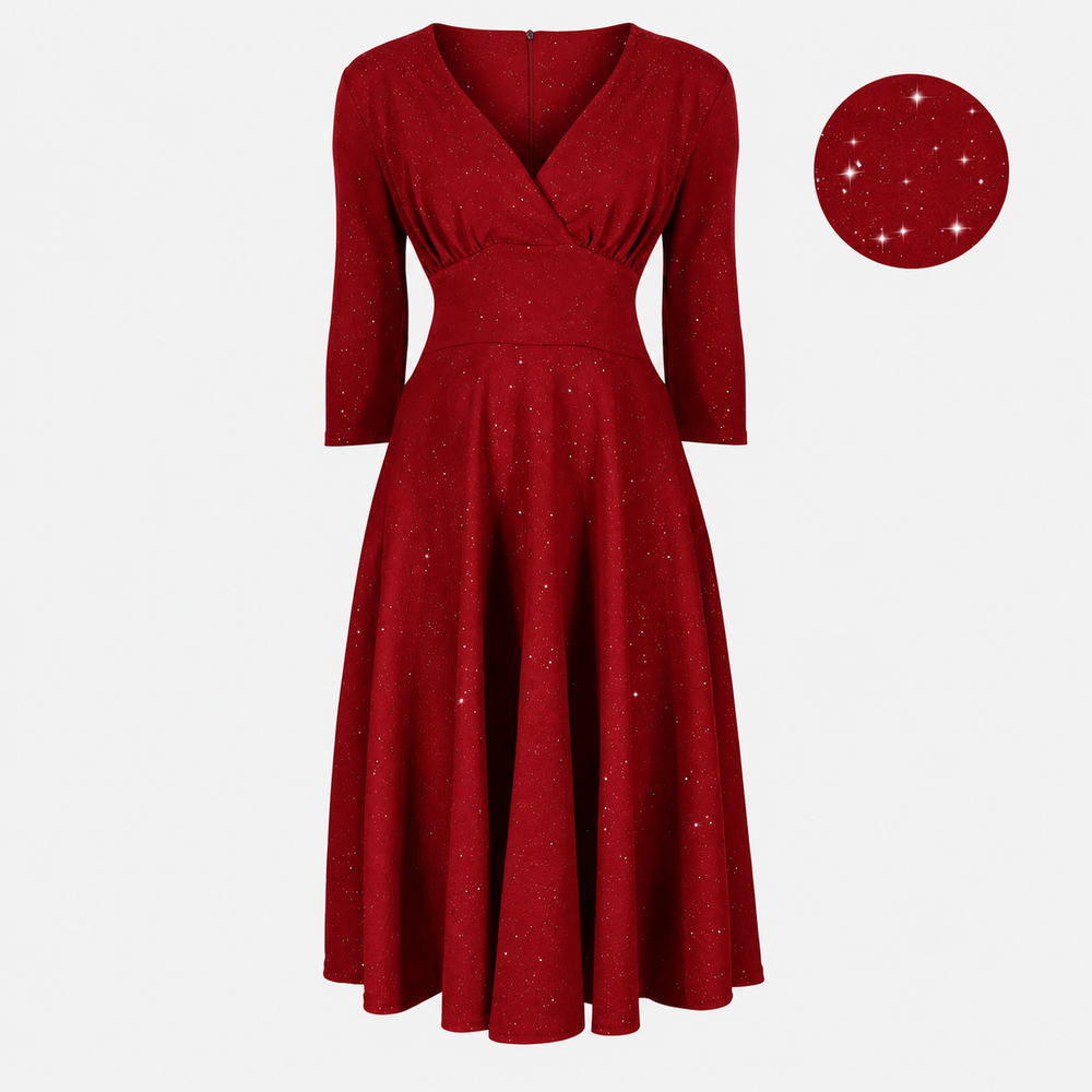 Wine red Glitter Vintage A Line Crossover 3/4 Sleeve Tea Swing Dress