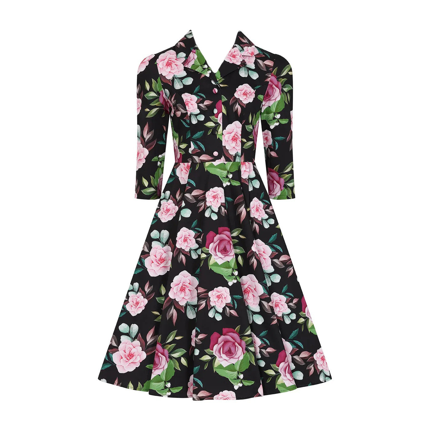 Winter Pink Black Floral Print 3/4 Sleeve 50s Swing Dress With Pockets