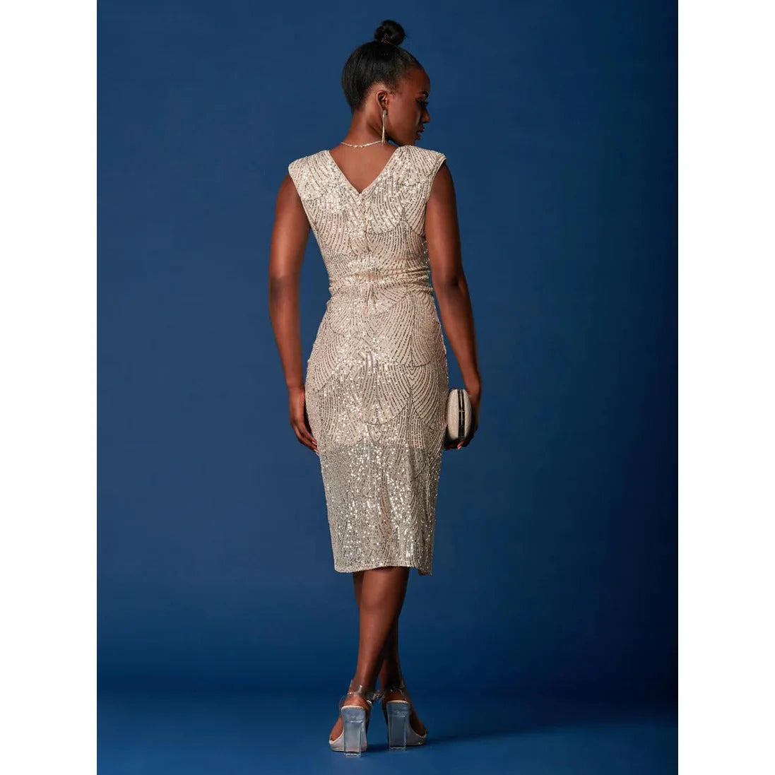 Jolie Moi Oyster Sleeveless V Neck Split Skirt Sequin Wiggle Dress
