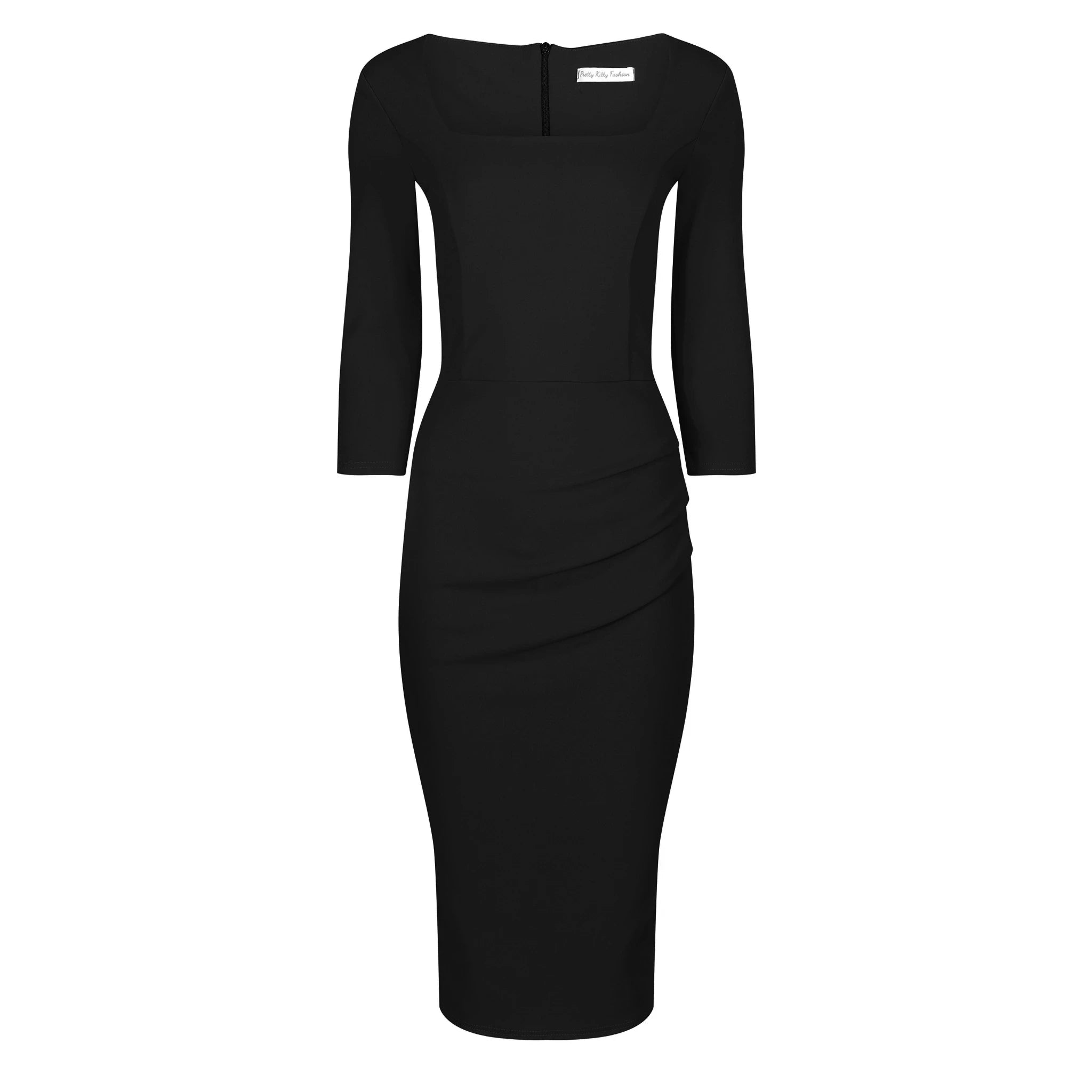 Black 3/4 Sleeve Square Neckline Wiggle Pencil Dress