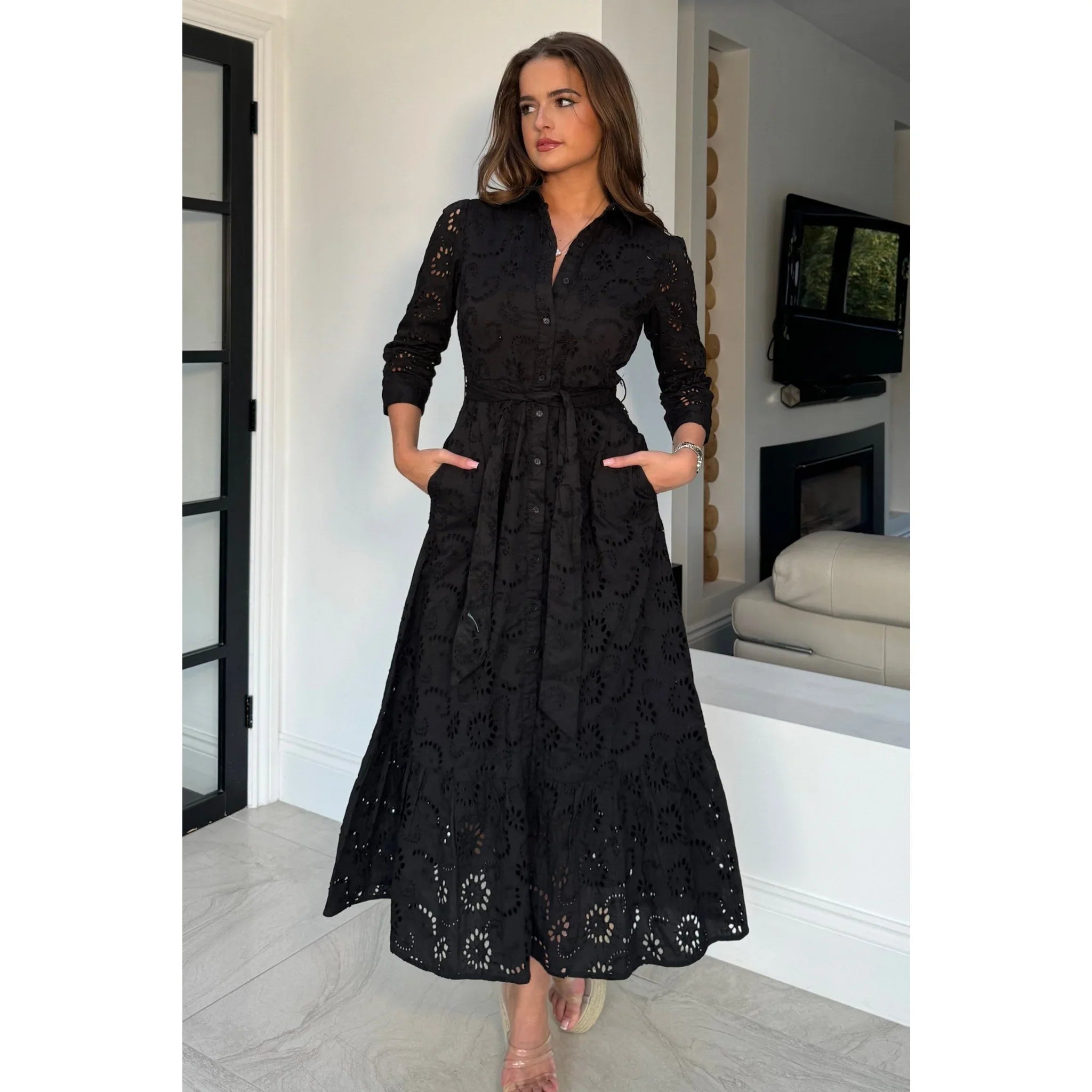 Black Broderie Anglaise Long Shirt Dress with Pockets