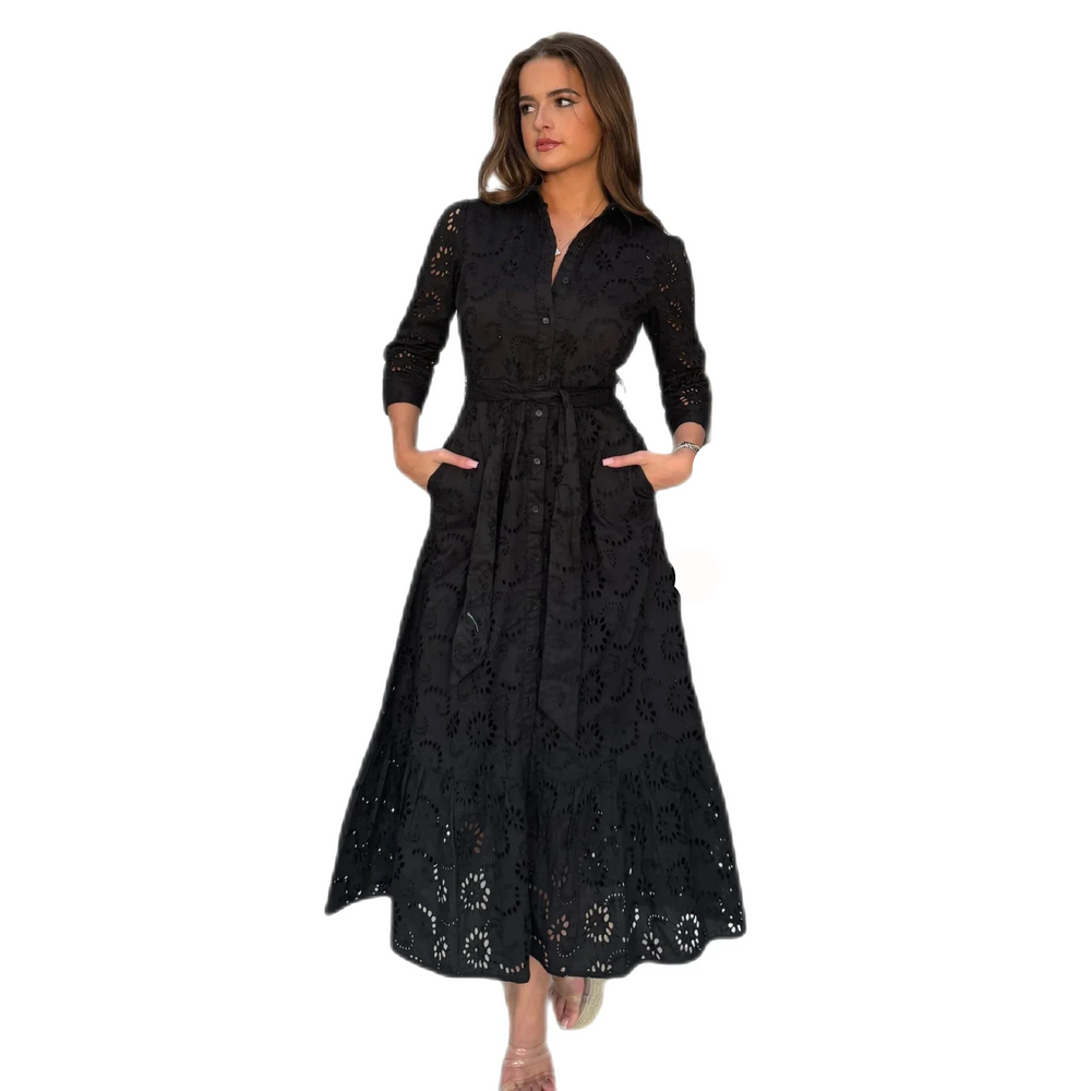 Black Broderie Long Shirt Dress with Pockets