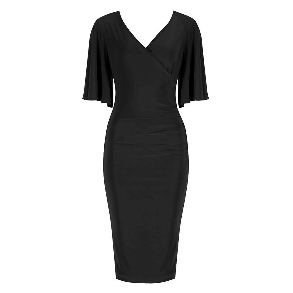 Black Wrap Top Slinky Cocktail Wiggle Dress w Butterfly Sleeves