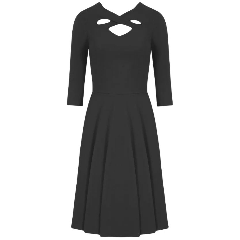 Black Criss-Cross Neckline 3/4 Sleeve 50s Swing Dress