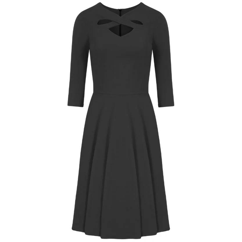 Black Criss-Cross Neckline 3/4 Sleeve 50s Swing Dress