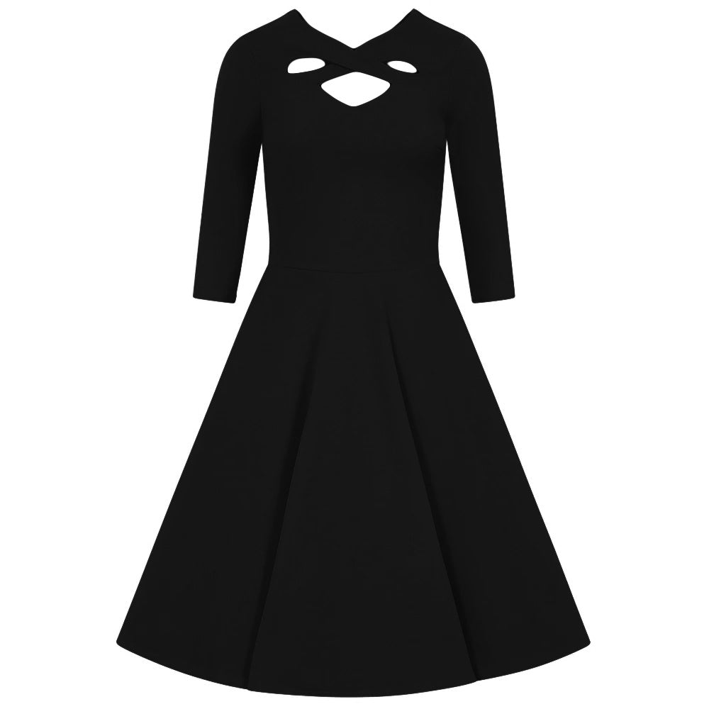 Black Criss-Cross Neckline 3/4 Sleeve 50s Swing Dress