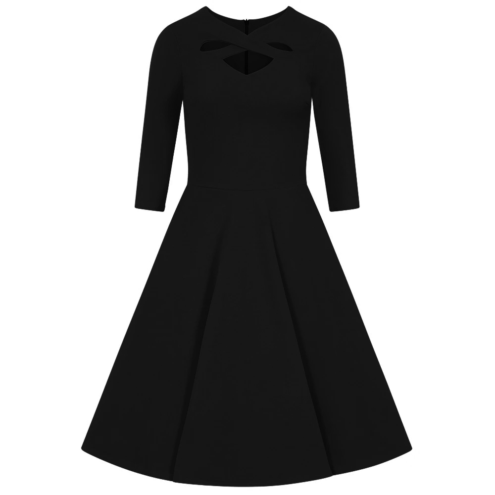 Black Criss-Cross Neckline 3/4 Sleeve 50s Swing Dress