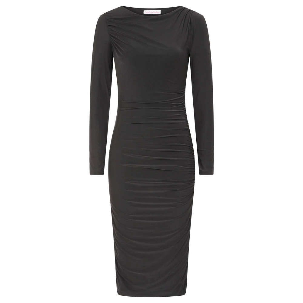 Black Pleated Long Sleeve Slinky Cocktail Wiggle Dress