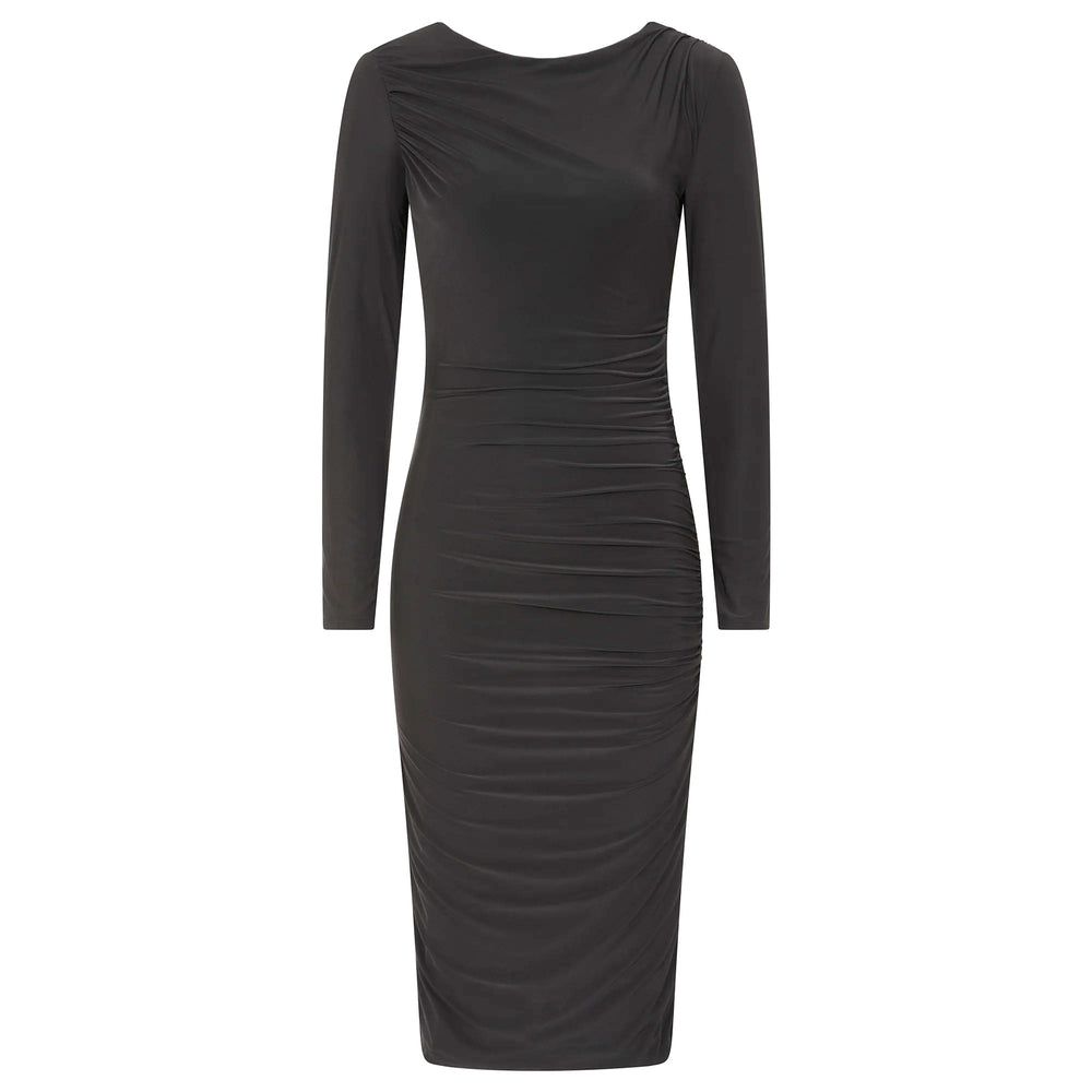 Black Pleated Long Sleeve Slinky Cocktail Wiggle Dress