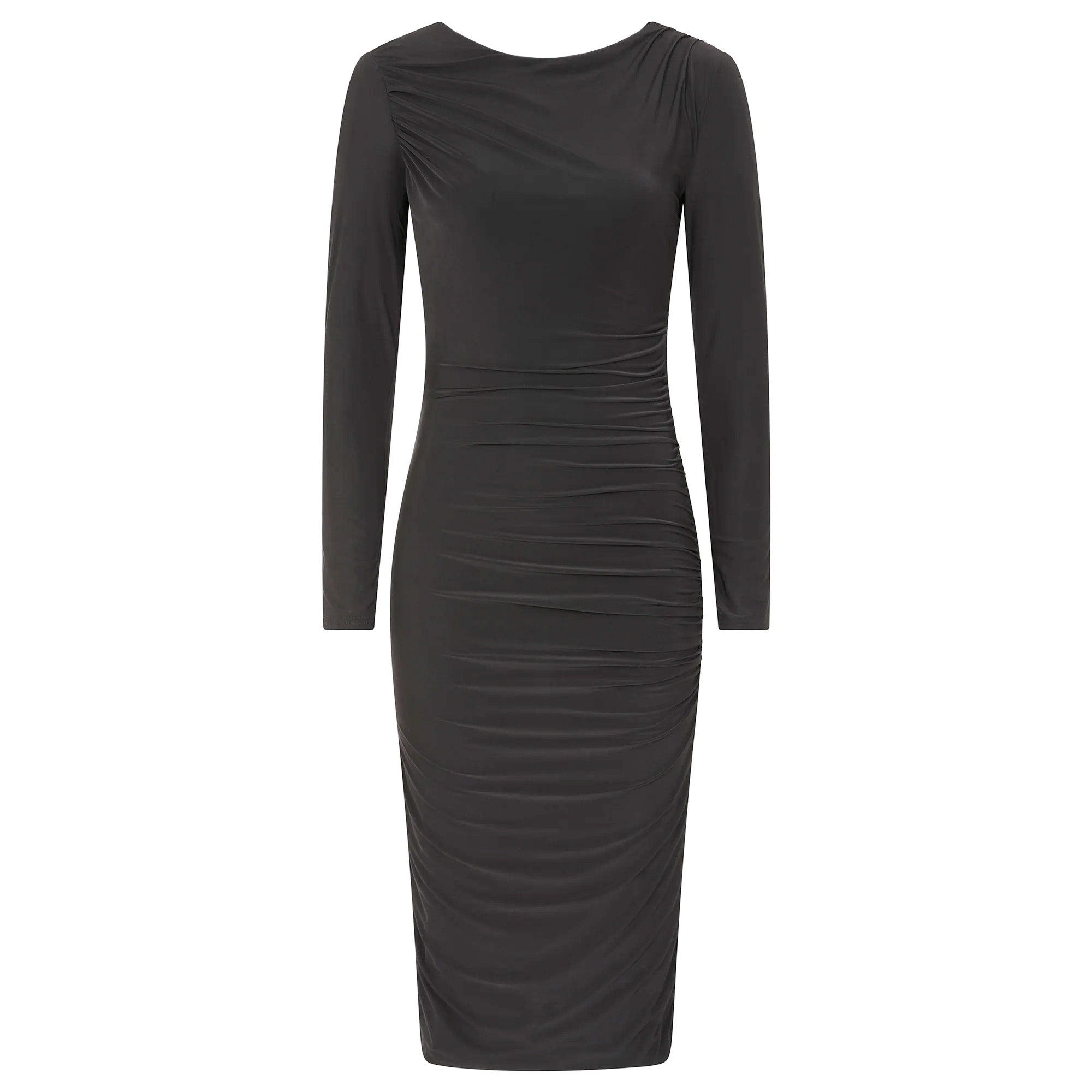 Black Pleated Long Sleeve Slinky Cocktail Wiggle Dress