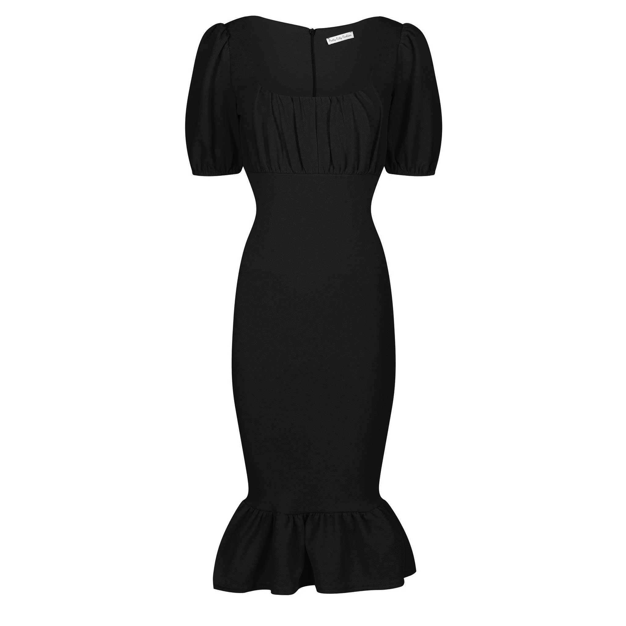 Black Puff Sleeve Square Neckline Ruched Peplum Wiggle Pencil Dress