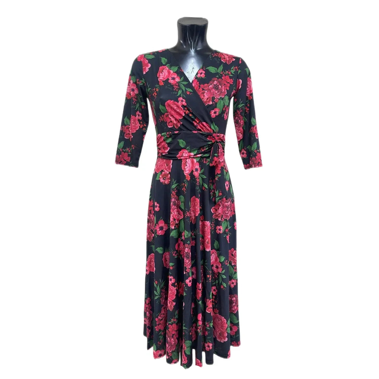 Black Red Pink Rose Floral Print 3 4 Sleeve Crossover Vintage Swing Dress