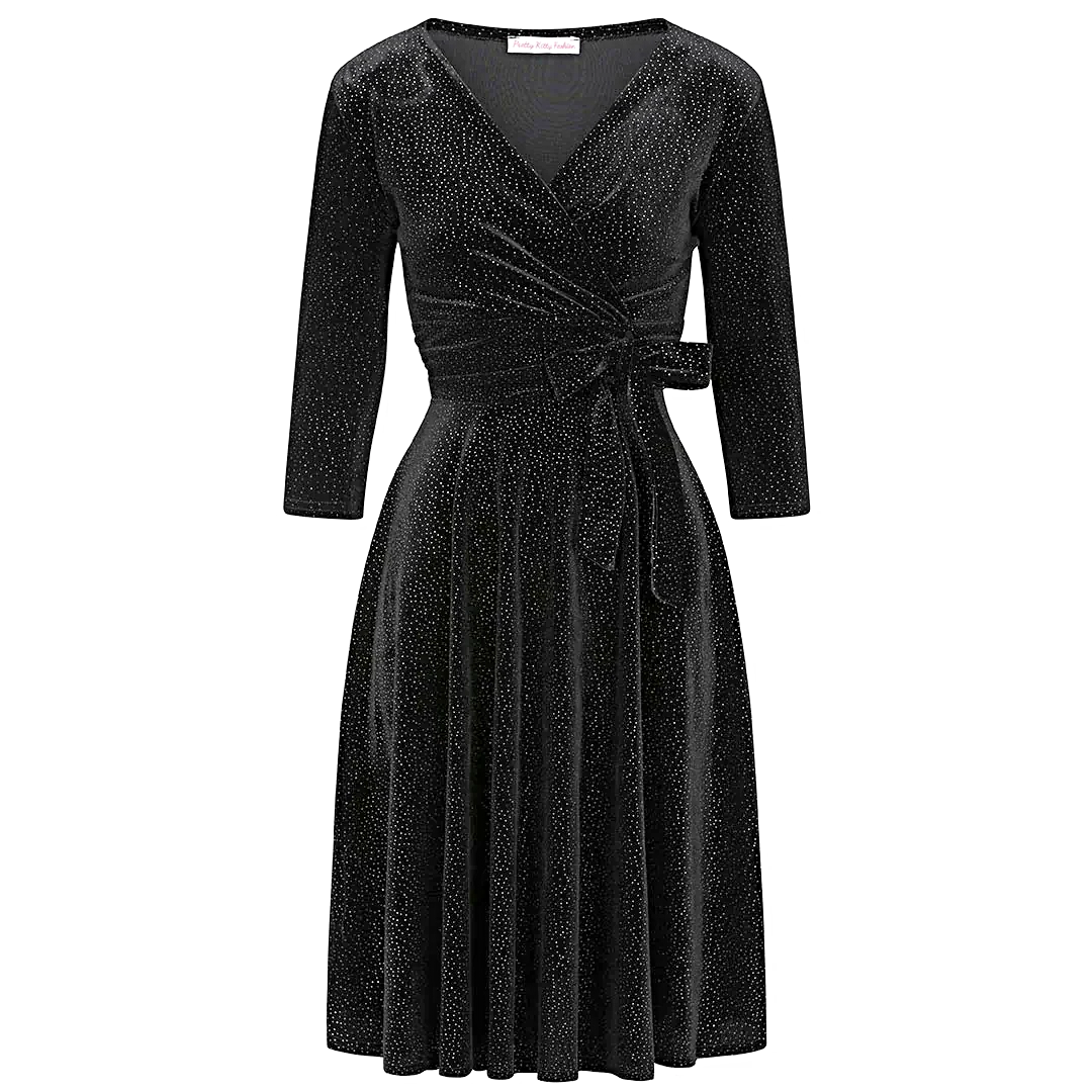 Black Velour Silver Dot 3/4 Sleeve Crossover Top Party Dress Pretty Kitty Fashion Black Velour Silver Dot 3/4 Sleeve Crossover Top Party Dress Pretty Kitty Fashion