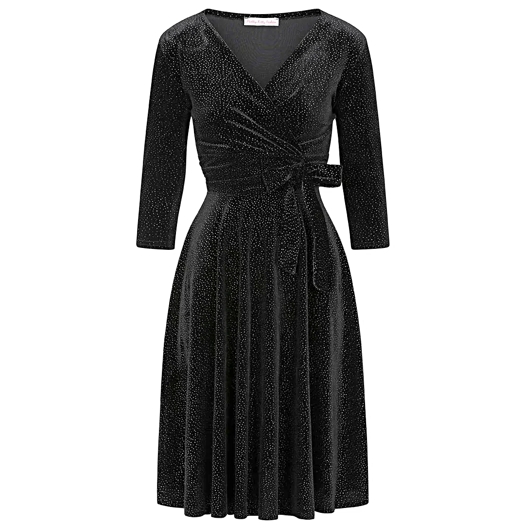 Black Velour Silver Dot 3/4 Sleeve Crossover Top Party Dress