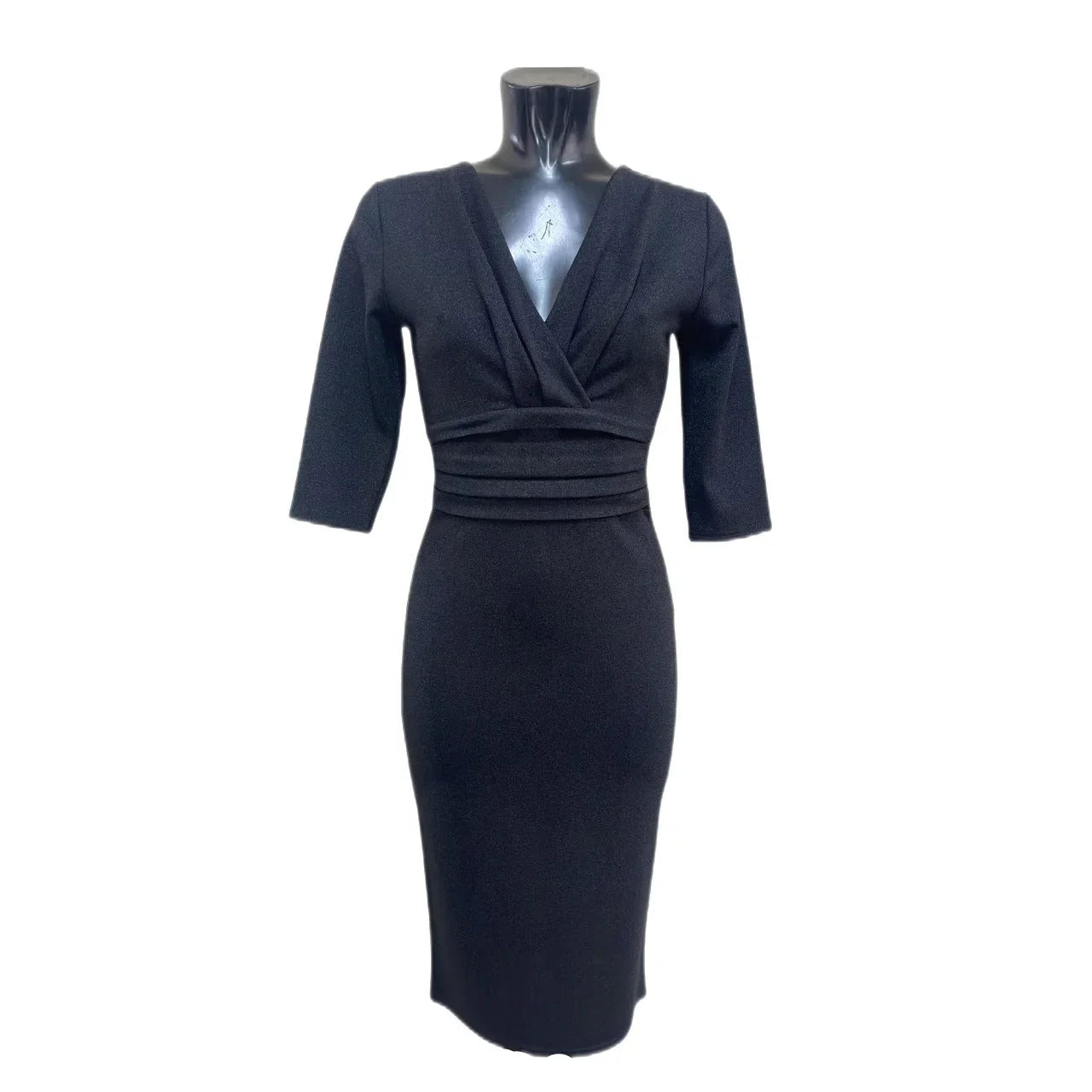 Charcoal Black Silver Sparkle Deep V 3/4 Sleeve Bodycon Ruched Waist Wiggle Party Dress