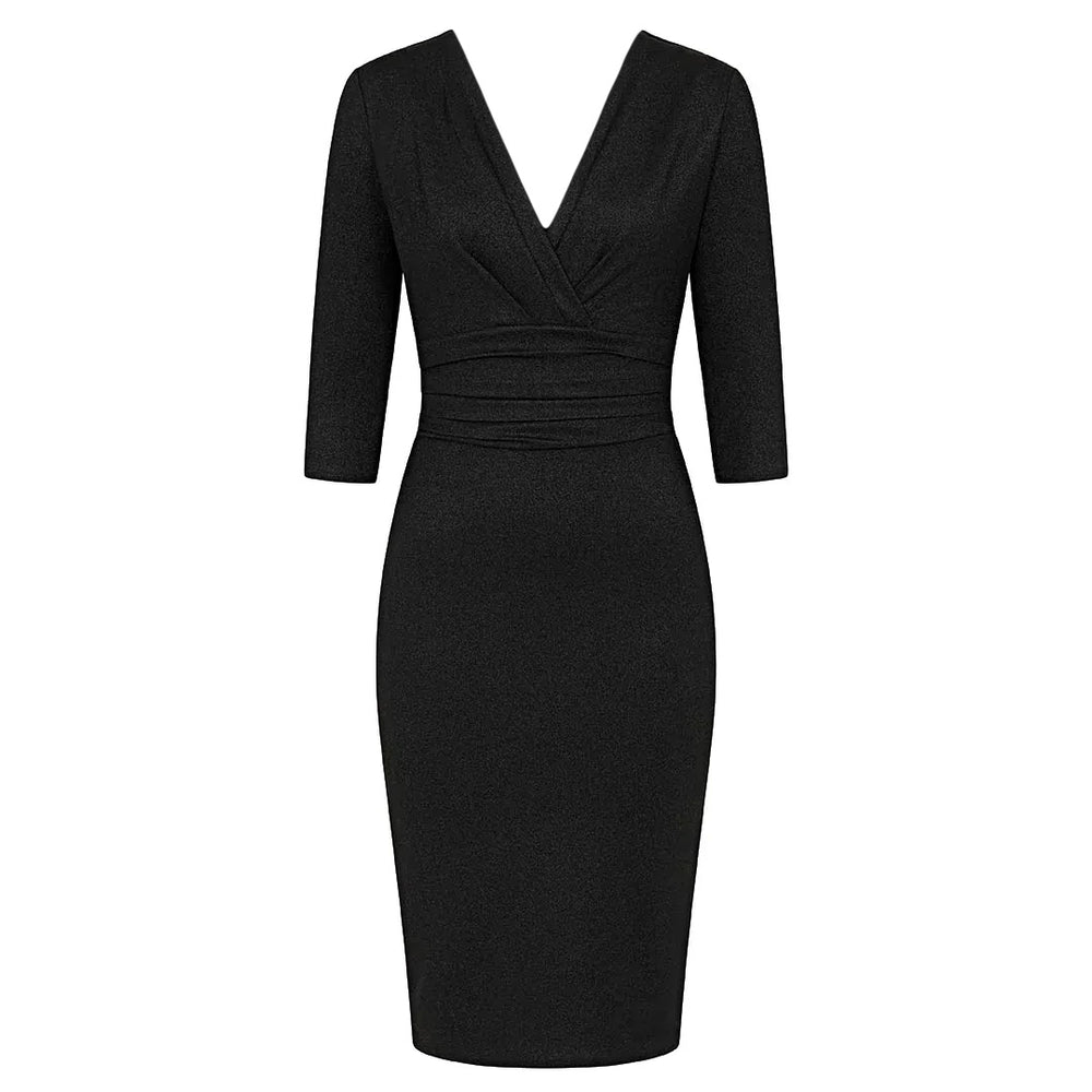 Black Deep V 3/4 Sleeve Bodycon Ruched Waist Wiggle Party Dress